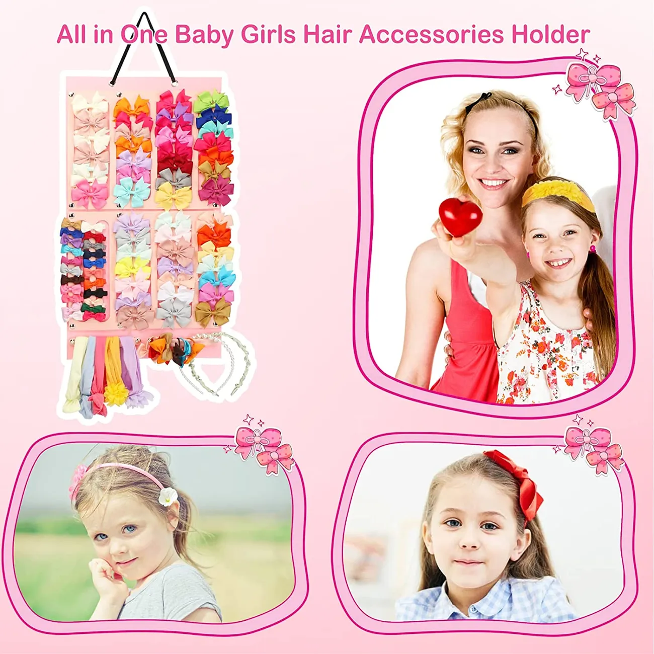 Baby Headband Organizer for Baby Girls, Large Capacity Hair Bows Clips Hanging Organizer  Light Pink big image 1