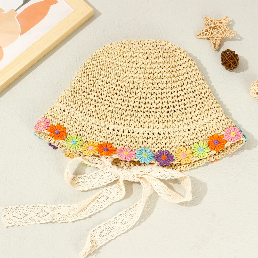 Toddler Girls Flower Lace Straw Hat big image 1