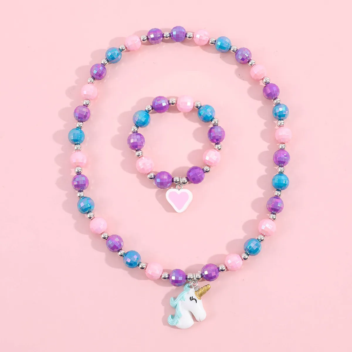2pcs criança / criança unicórnio colar pulseira conjunto Roxa