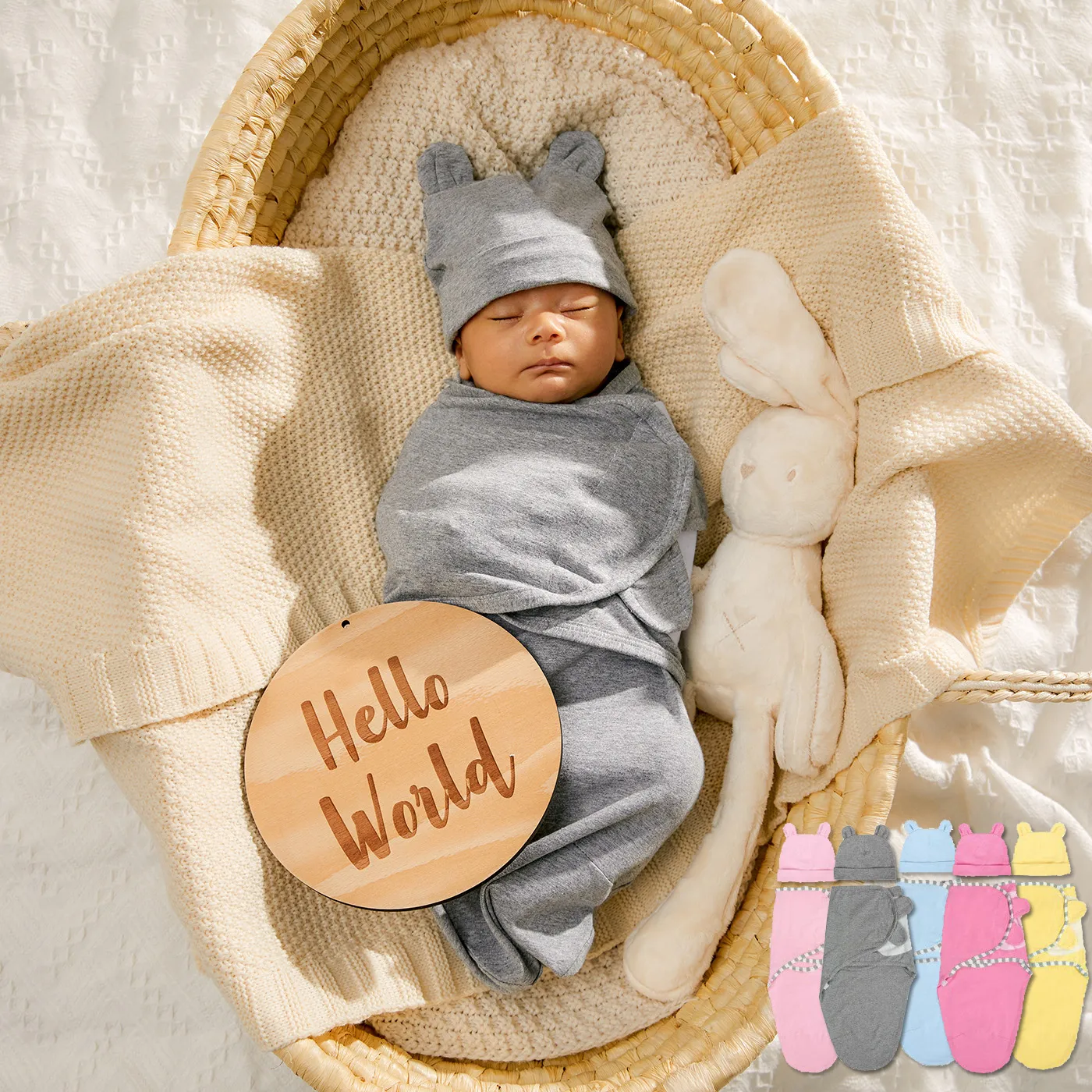 2pcs Baby Sleeping Bags and Rabbit Ear Fetal Hat Set, Newborns 0-3 Months Must Haves, Inside 95% Cotton, Soft and Cute, Suitable for Four Seasons 