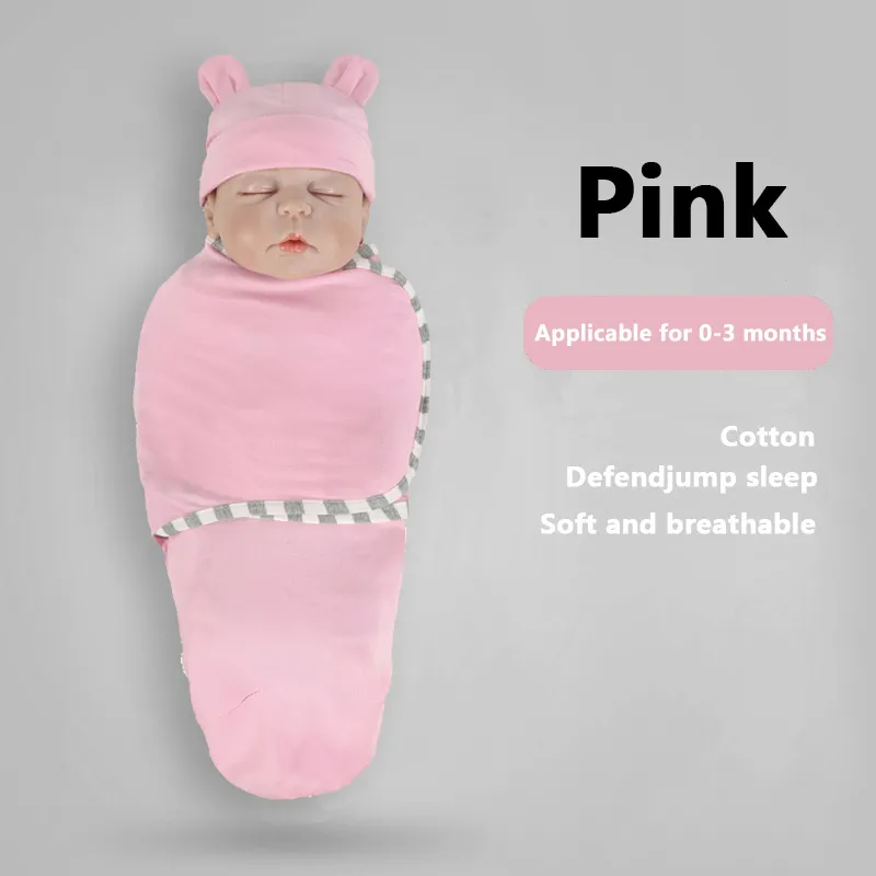 2pcs Baby Sleeping Bags and Rabbit Ear Fetal Hat Set, Newborns 0-3 Months Must Haves, Inside 95% Cotton, Soft and Cute, Suitable for Four Seasons  Pink big image 1
