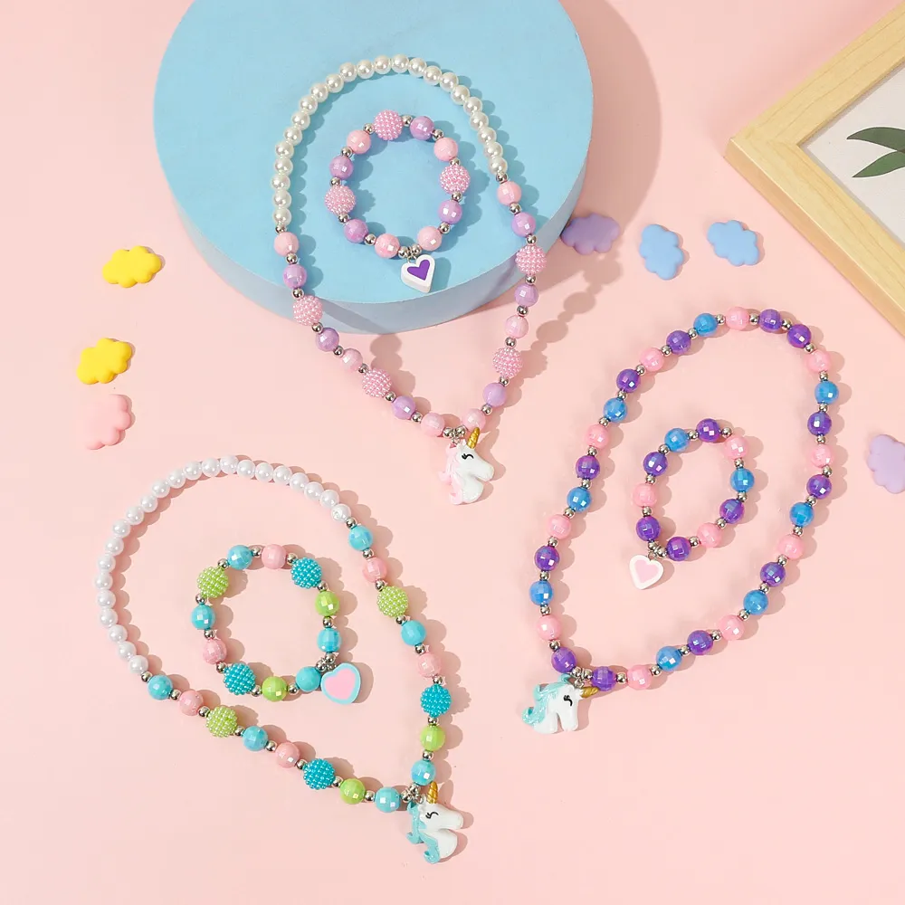 2pcs Toddler/Kid Unicorn Necklace Bracelet Set big image 2