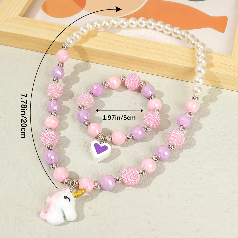 2pcs Toddler/Kid Unicorn Necklace Bracelet Set big image 3