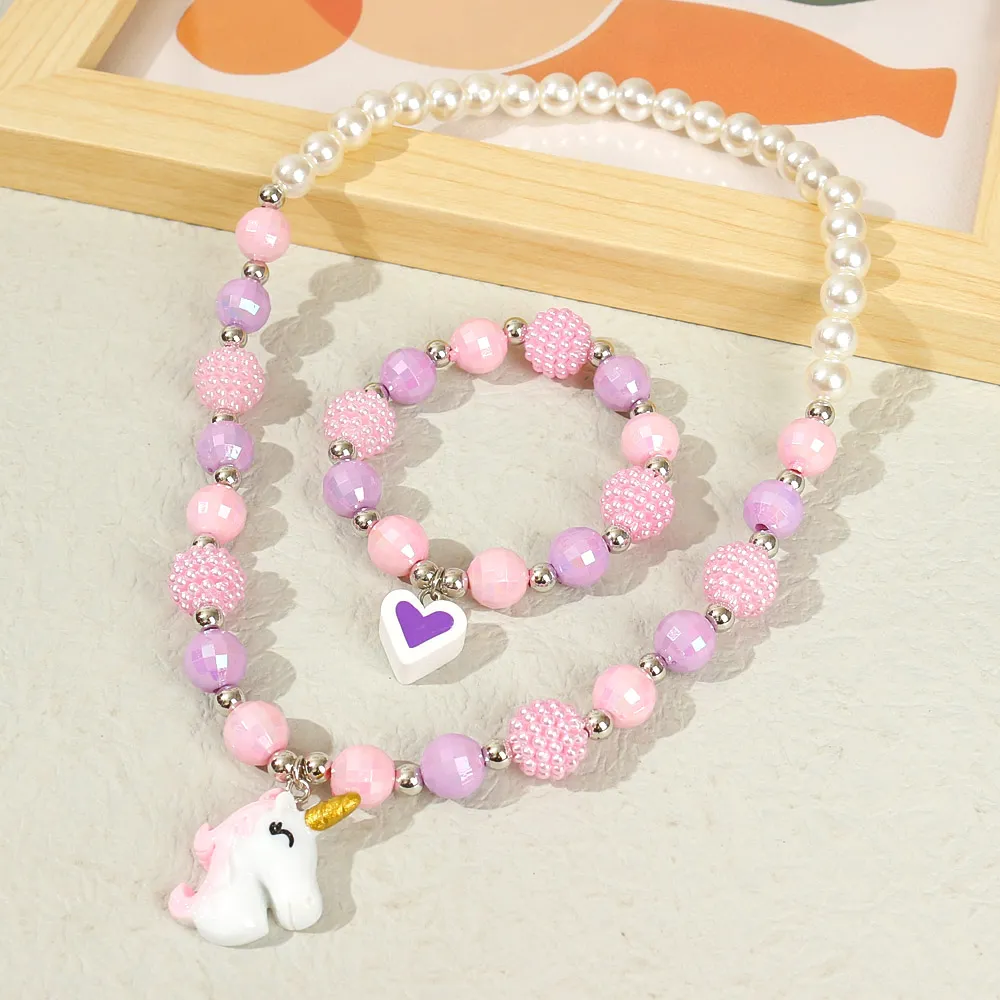 2pcs Toddler/Kid Unicorn Necklace Bracelet Set big image 5