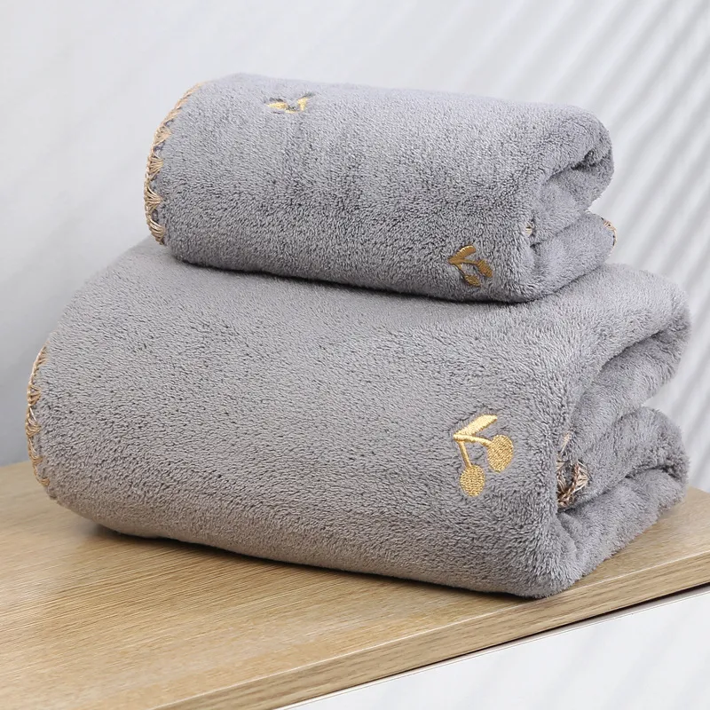 Soft & Absorbent Cute Embroidery Coral Fleece Bath Towel for Boys / Girls Grey