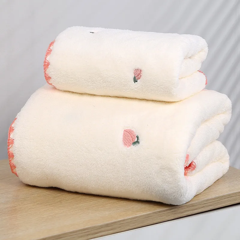 Soft & Absorbent Cute Embroidery Coral Fleece Bath Towel for Boys / Girls Beige big image 1