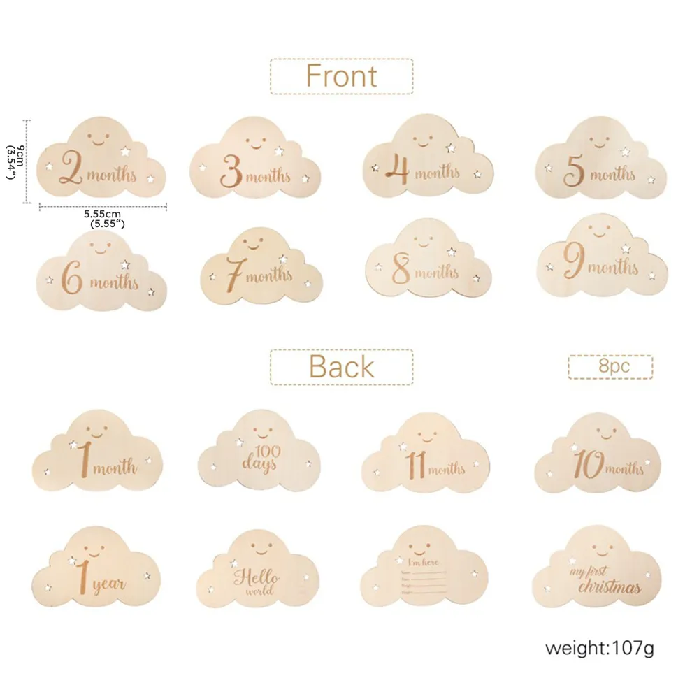 8pcs Wooden Cloud Milestone Photography Props Set Beige image 6