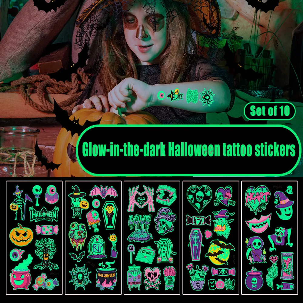 10er-Pack Kinder/Kleinkind kindlich Leuchten im Dunkeln Halloween-Karnevalskarikatur lustige Aufkleber grün big image 1