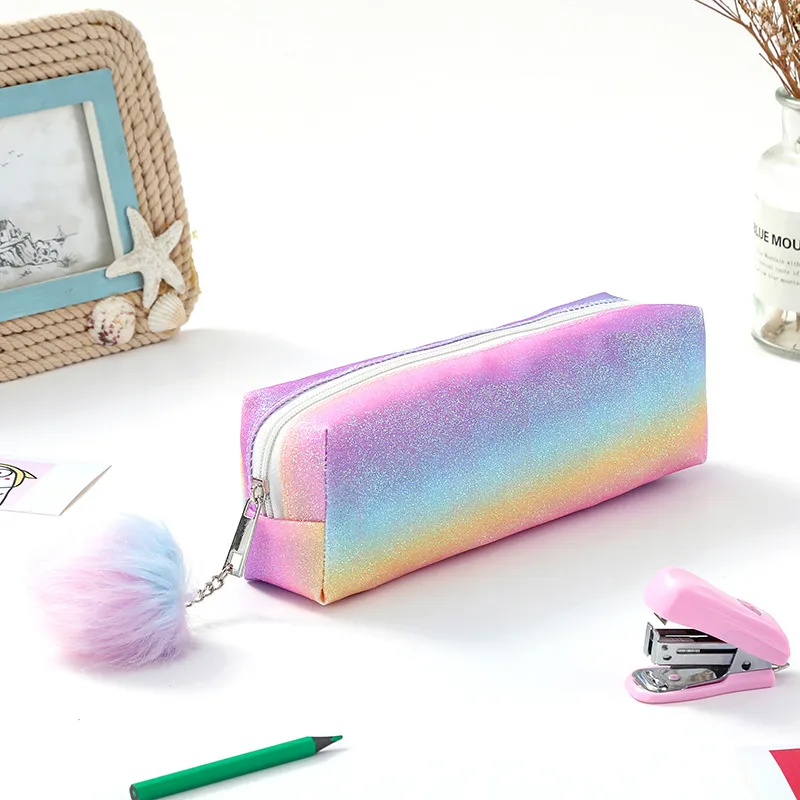 Rainbow Glitter Pencil Case - Stylish and Convenient Organizer for Students and Cosmetics Pink image 2