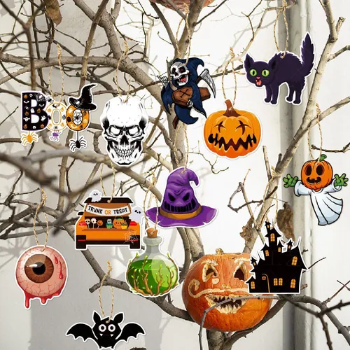 Halloween Decoration Set of 12pcs - Hanging Skeleton and Pumpkin Tags with Double-sided