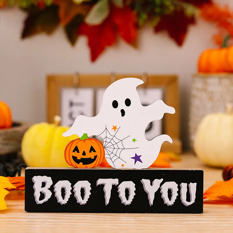 One Piece of Halloween Wooden Decoration Dwarf Pumpkin Ghost Ornament with Multiple Styles Available Color-D