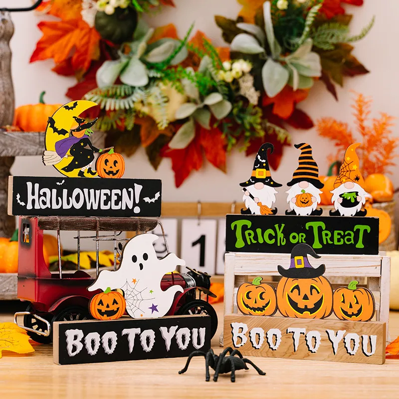One Piece of Halloween Wooden Decoration Dwarf Pumpkin Ghost Ornament with Multiple Styles Available Color-A image 3