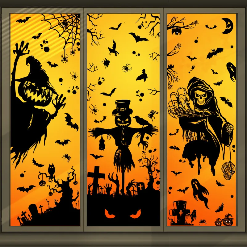 Einzigartige Halloween-Party-Dekoration: Kürbis-, Vogelscheuchen- und Sensenmann-Aufkleber