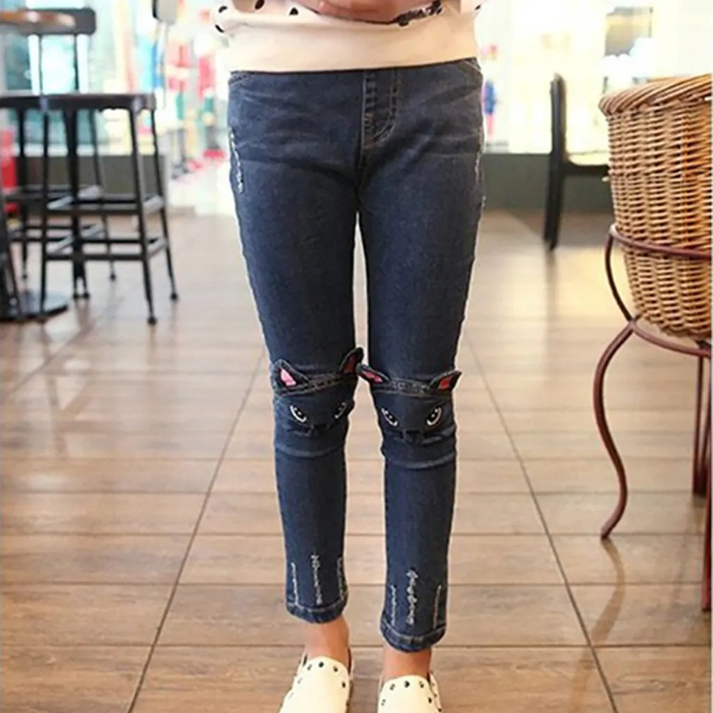 Kids Girl Cat Rabbit Tasseled Denim Jeans  big image 1