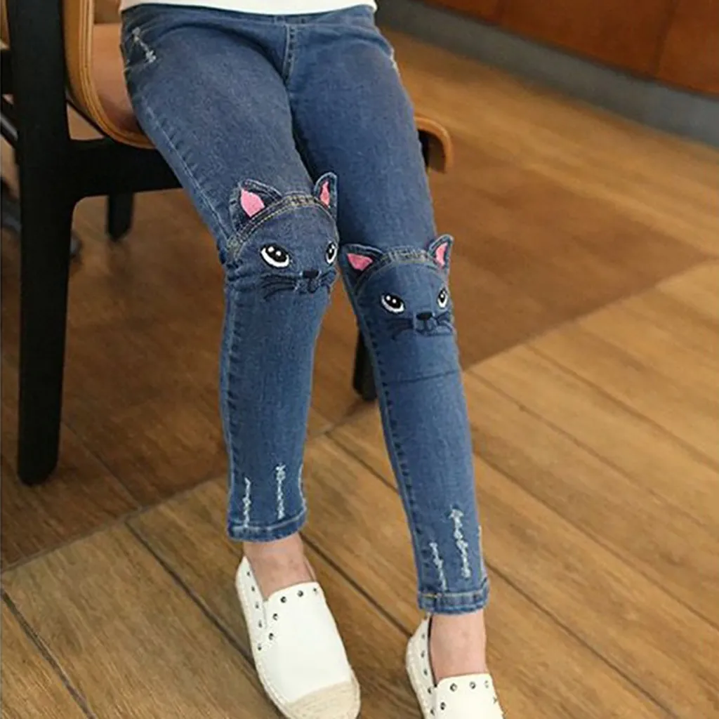 Kids Girl Cat Rabbit Tasseled Denim Jeans  image 4