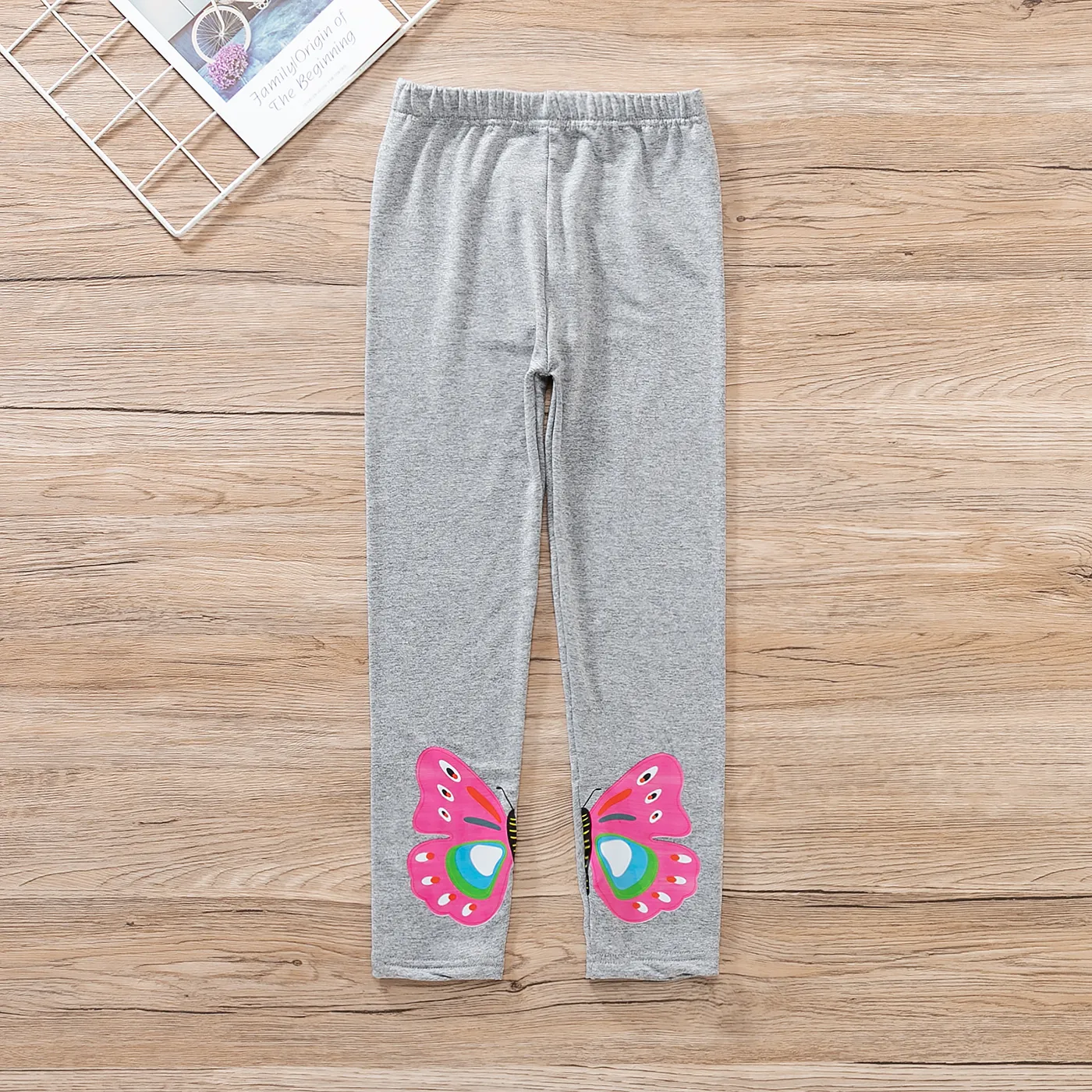 Kid Girl Butterfly Print Fleece Lined Polka Dots/Solid Color Leggings (thicker Blue, Slightly Thinner Gray)