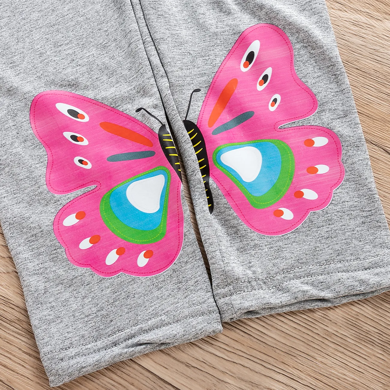 Kid Girl Butterfly Print Fleece Lined Polka Dots/Solid Color Leggings (thicker blue, slightly thinner gray) Grey big image 1