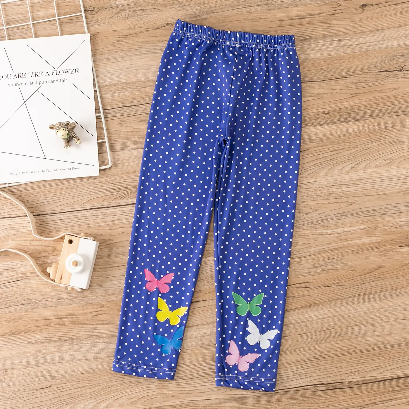 Kid Girl Butterfly Print Fleece Lined Polka Dots/Solid Color Leggings (thicker blue, slightly thinner gray) Dark Blue