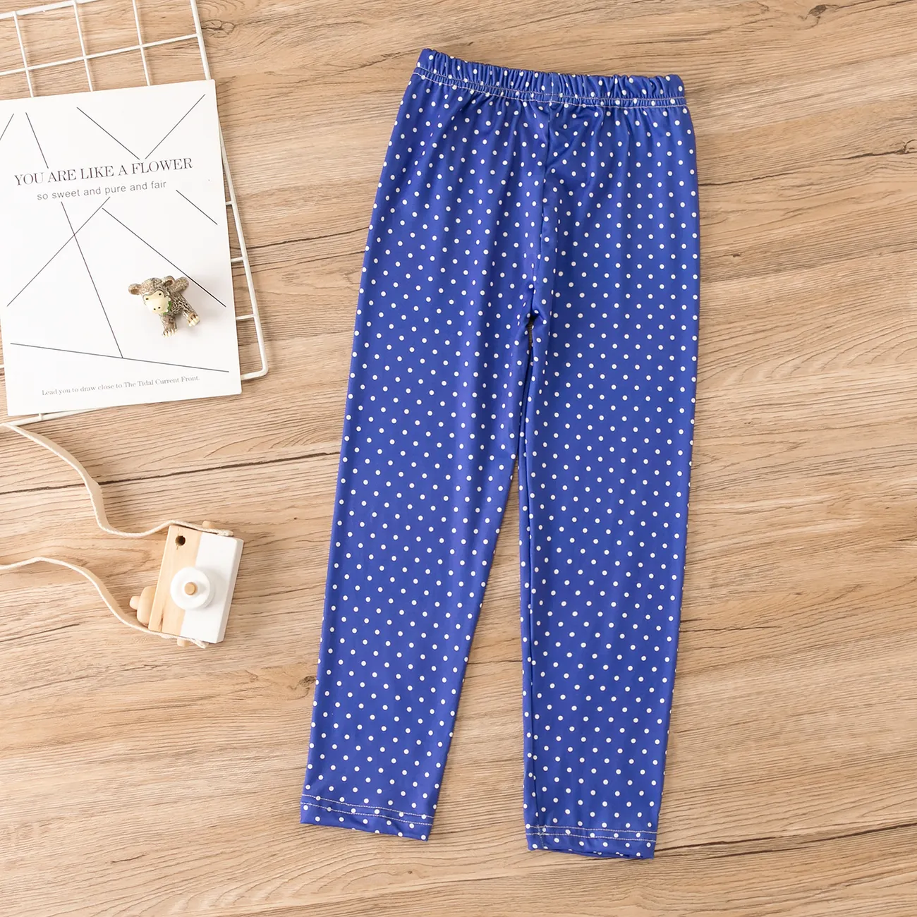 kid girl borboleta estampado de lã forrado com bolinhas / leggings de cor sólida Azul Escuro big image 1