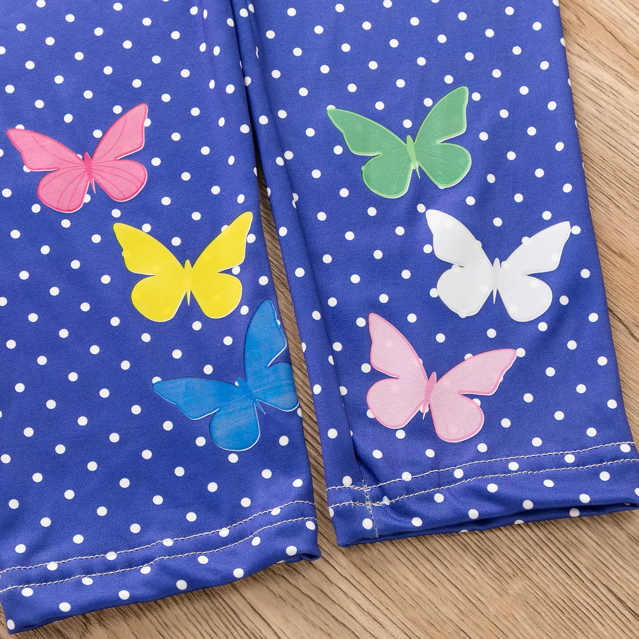 Kid Girl Butterfly Print Fleece Lined Polka Dots/Solid Color Leggings (thicker blue, slightly thinner gray) Dark Blue big image 1