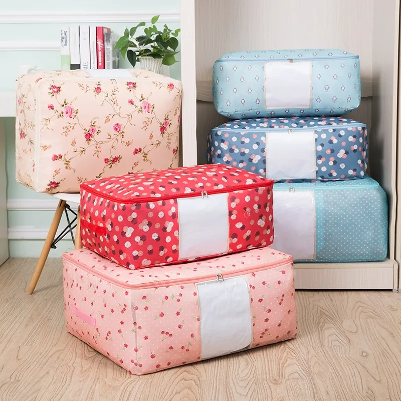 新型便攜式衣服儲存袋新鮮印刷拉鍊儲存袋折疊壁櫥組織者為枕頭被子毛毯被子 粉色 big image 1