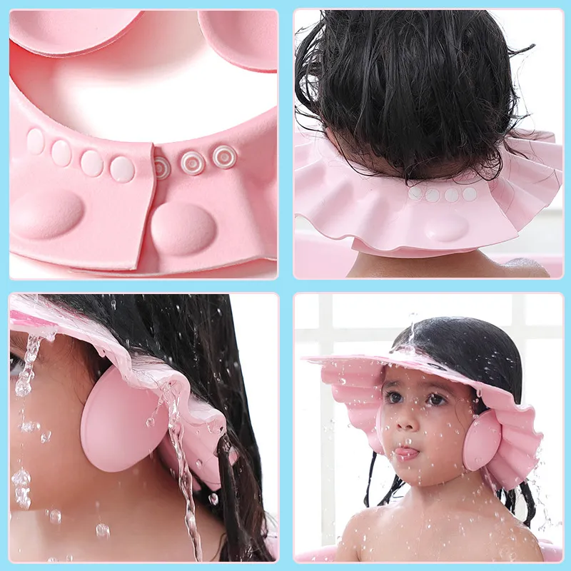 嬰兒浴帽洗髮帽洗頭兒童浴帽可調節護罩防水護耳護眼兒童帽子嬰幼兒 粉色 big image 1