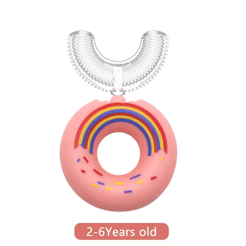 Kids Cartoon Donut Toothbrush with 360° U-Shaped Silicone Brush Head Manual Toothbrush Oral Cleaning Kids Training Teeth Cleaning Light Pink