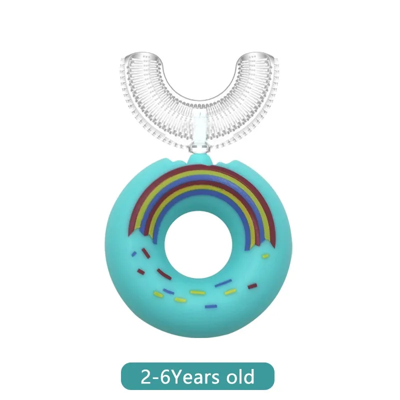 Kids Cartoon Donut Toothbrush with 360° U-Shaped Silicone Brush Head Manual Toothbrush Oral Cleaning Kids Training Teeth Cleaning Light Blue
