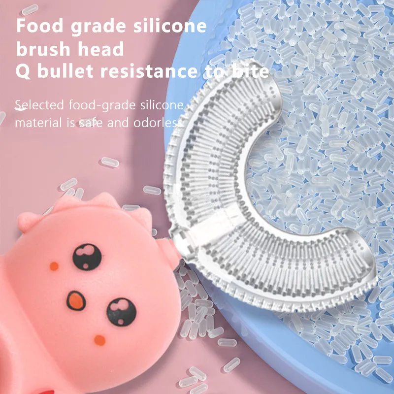 Kids Cartoon Donut Toothbrush with 360° U-Shaped Silicone Brush Head Manual Toothbrush Oral Cleaning Kids Training Teeth Cleaning Pink image 3