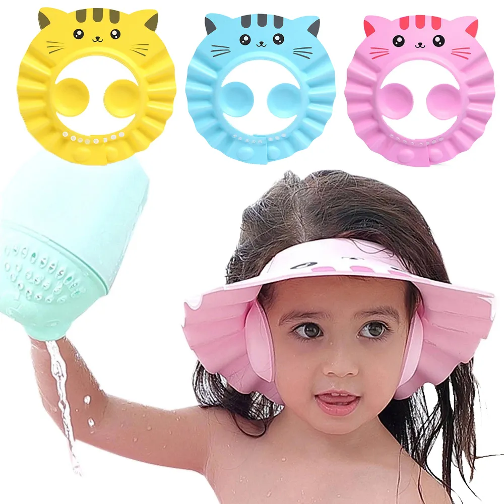 Baby Shampoo CAP Adjustable Bath Wash Hair Cap Eye Ear Protection Waterproof Ear Wash Hat Children Carton Cat Shower Cap Pink big image 1