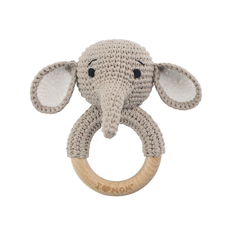Natural Crochet Teether Toy Rattle for Handmade Animal Pattern on Natural Wooden Teething Ring Rattl