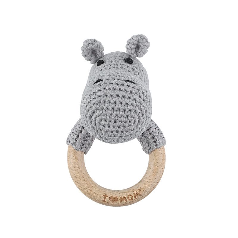 Natural Crochet Teether Toy Rattle for Handmade Animal Pattern on Natural Wooden Teething Ring Rattl