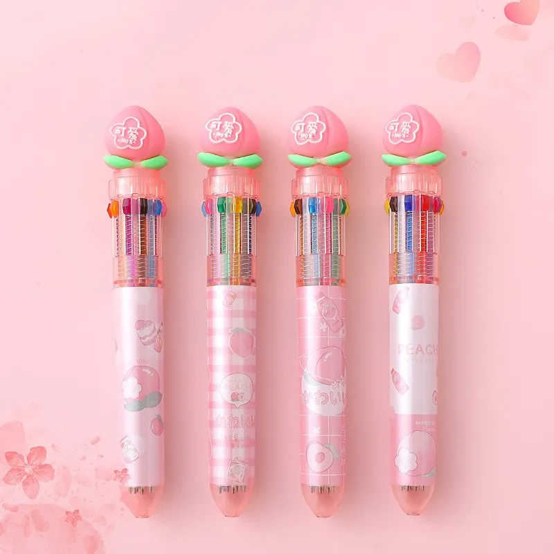 Caneta esferográfica multicolorida 0,5 mm, 10 em 1 colorido retrátil dos desenhos animados Canetas esferográficas para Office Material Escolar Estudantes Crianças Crianças Presente Rosa Claro