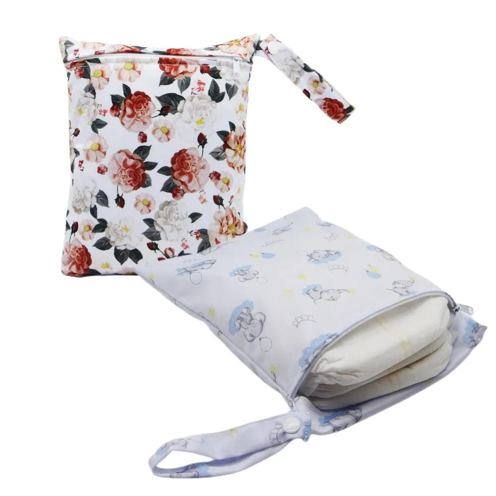 Baby Cloth Diaper Bag Cartoon Elephant/Floral Print Wet Dry Bag Portable Diaper Organizer  big image 2