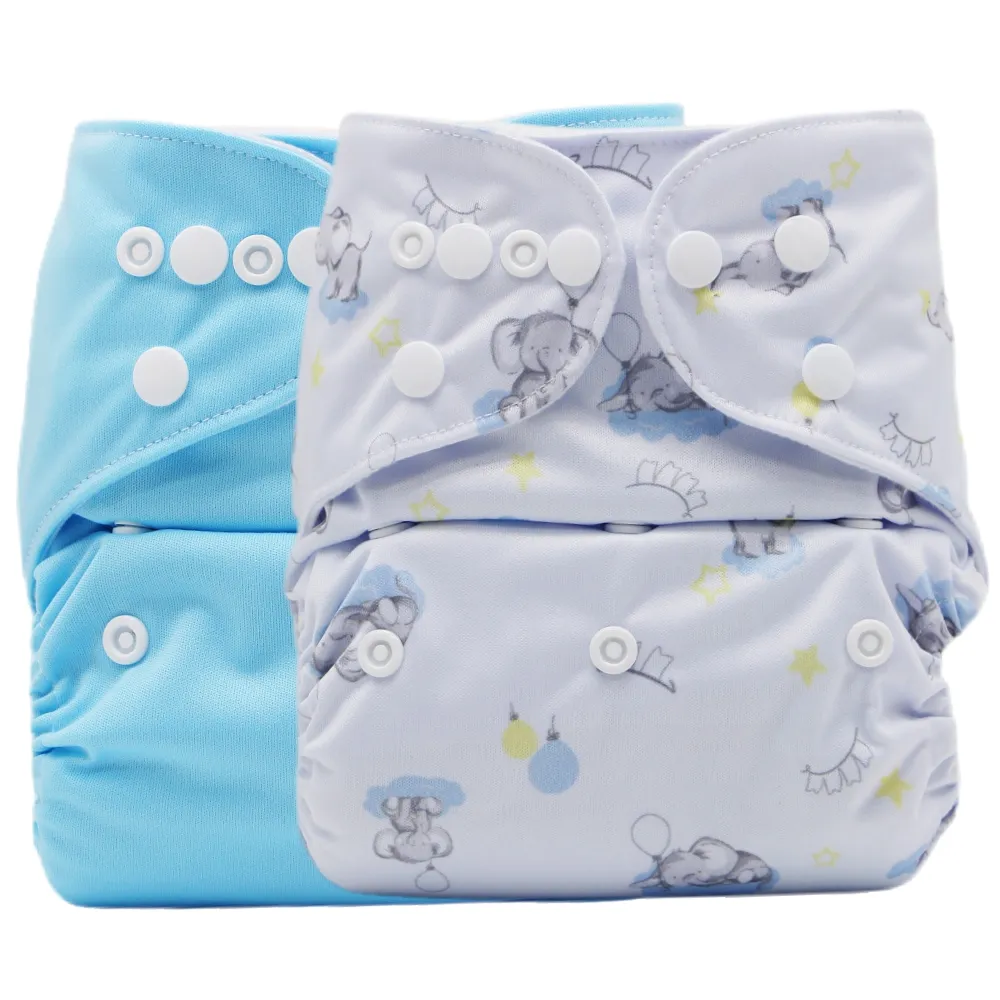 1pc Baby Snap Cloth Diapers Cartoon Elephant Print/Solid One Size Adjustable Reusable Waterproof Diaper  big image 2