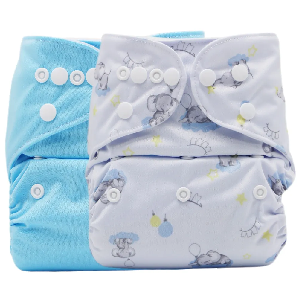 1pc Baby Snap Cloth Diapers Cartoon Elephant Print/Solid One Size Adjustable Reusable Waterproof Diaper big image 2