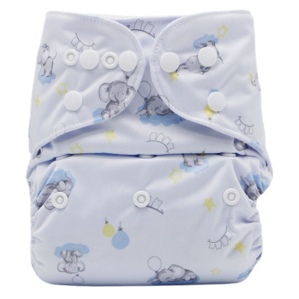 

2-pack Baby Snap Cloth Diapers Cartoon Elephant Print/Solid One Size Adjustable Reusable Waterproof Diaper