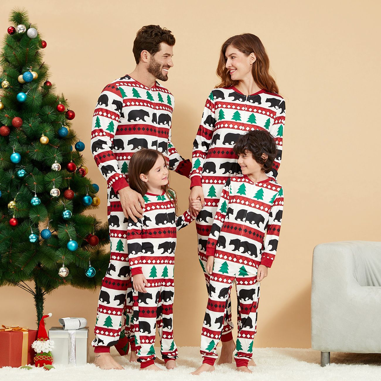 Christmas Tree and Bear Patterned Family Matching Onesies Flapjack