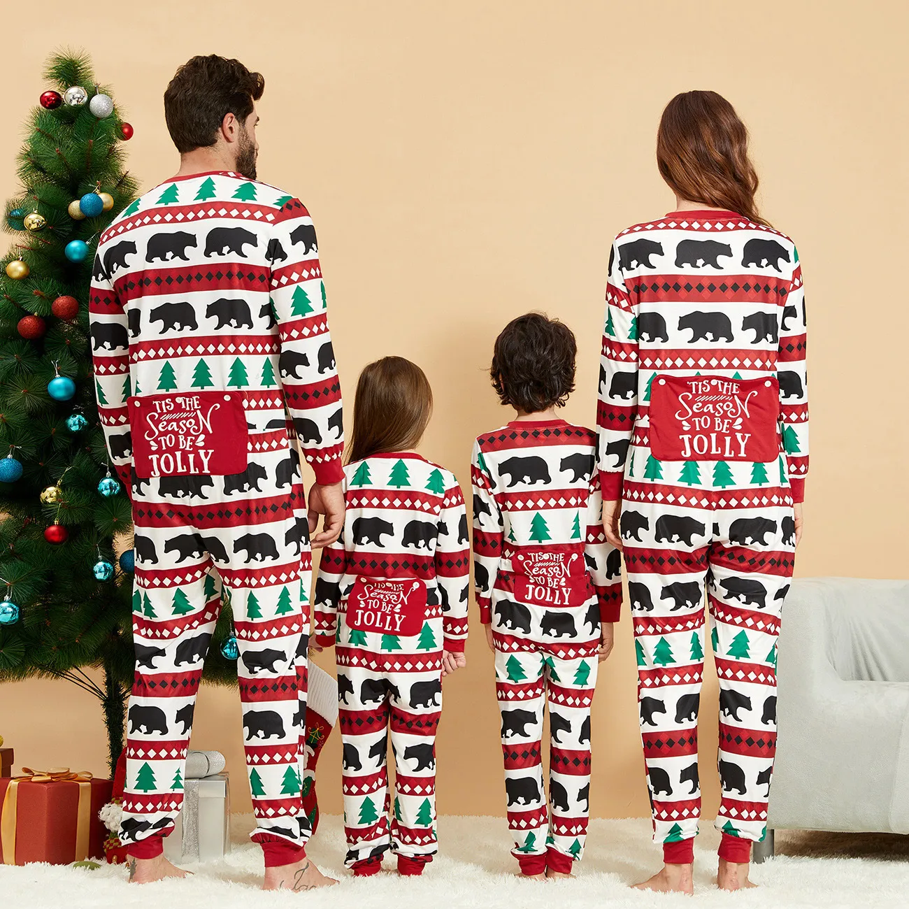 Christmas Tree and Bear Patterned Family Matching Onesies Flapjack Pajamas (Flame Resistant)