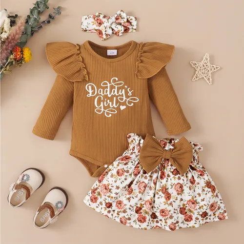 Baby 3pcs Letter Print Ruffle Long-sleeve Ribbed Romper and Floral Shorts Set