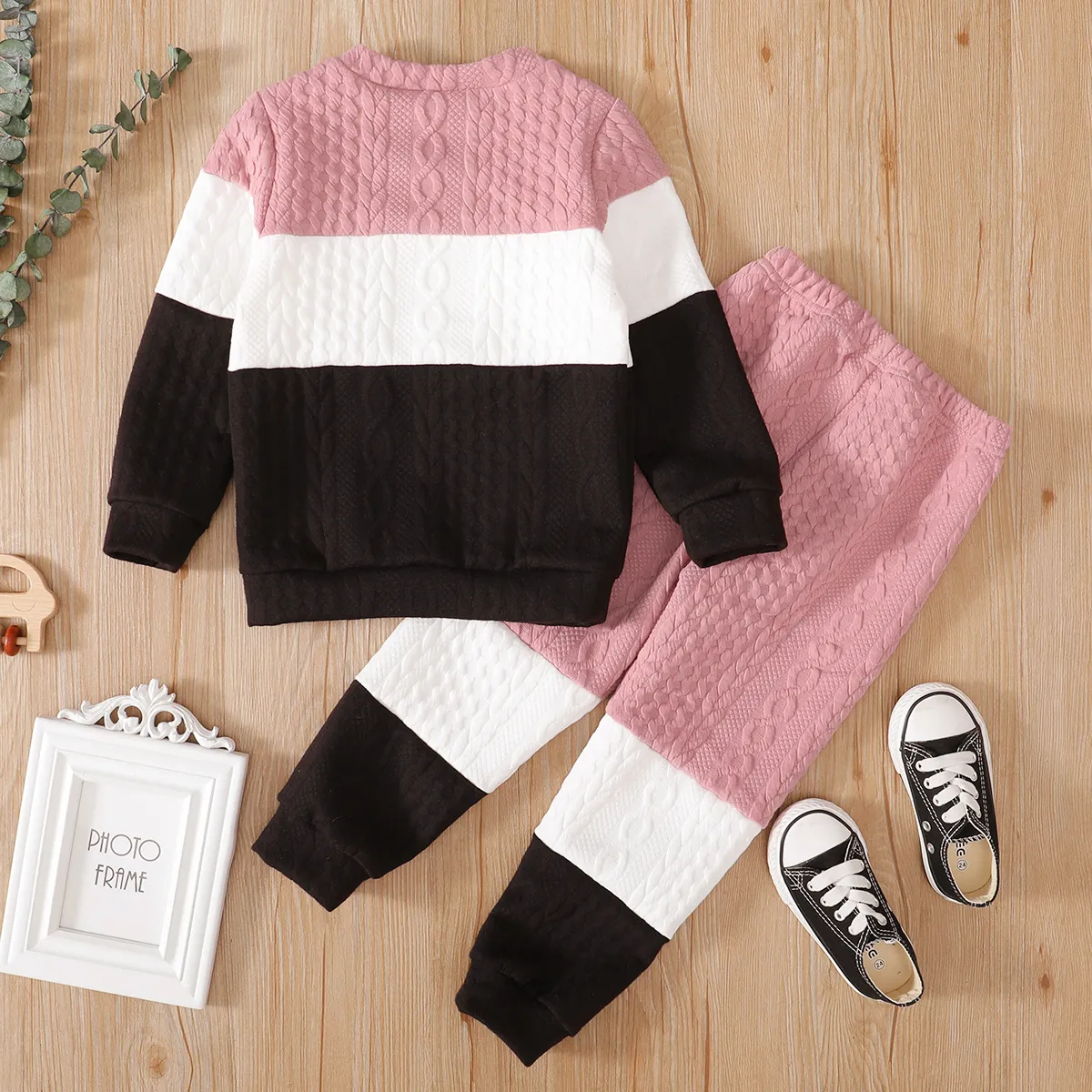 2-piece Toddler Girl/Boy Colorblock Cable Knit Sweatshirt and Pants Set Pink big image 1