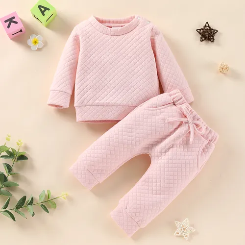 Conjunto de ropa de dormir de manga larga con cuello redondo sólido para bebé de 2 piezas