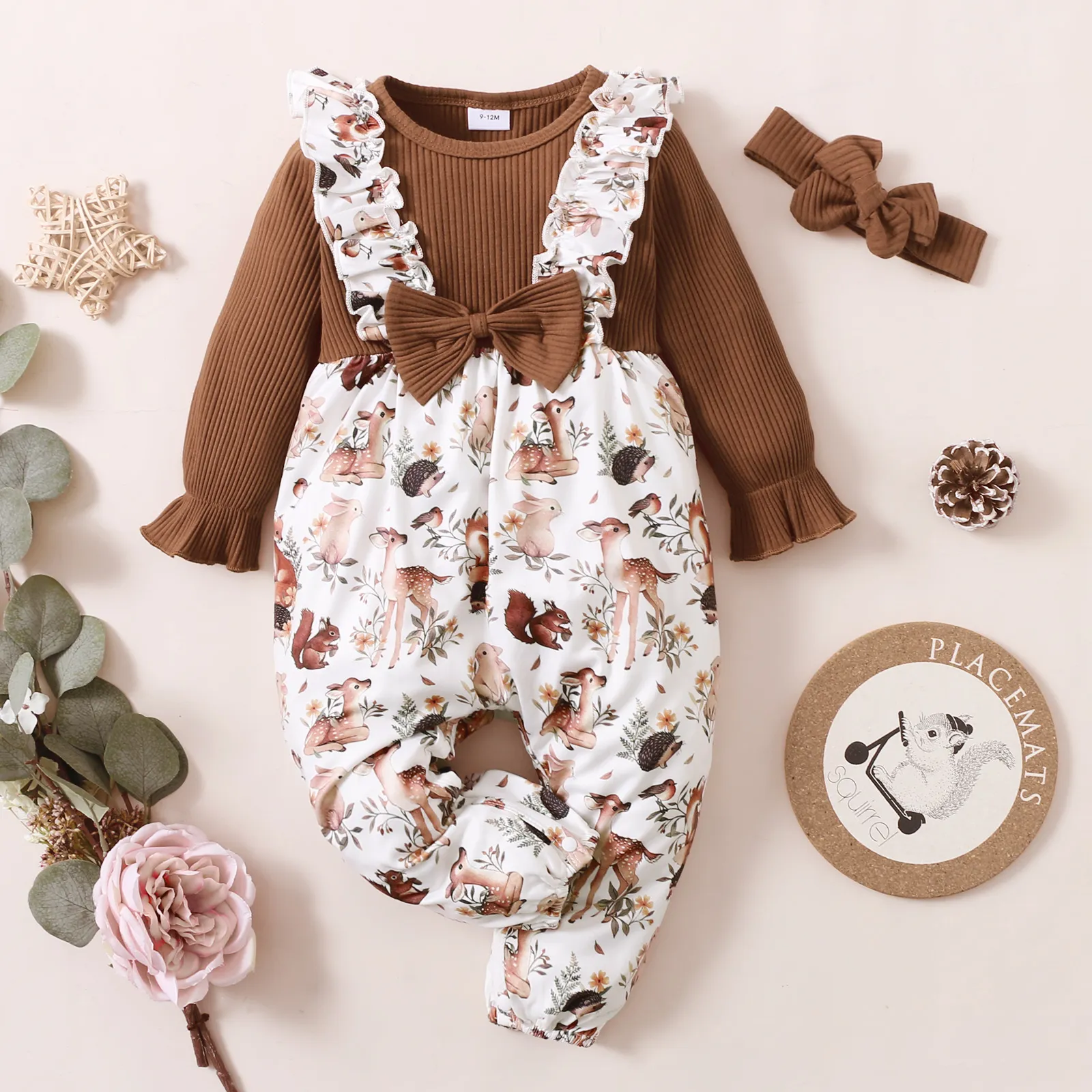 2pcs Baby Brown Ribbed Long-sleeve Splicing Animal Print Jumpsuit Set