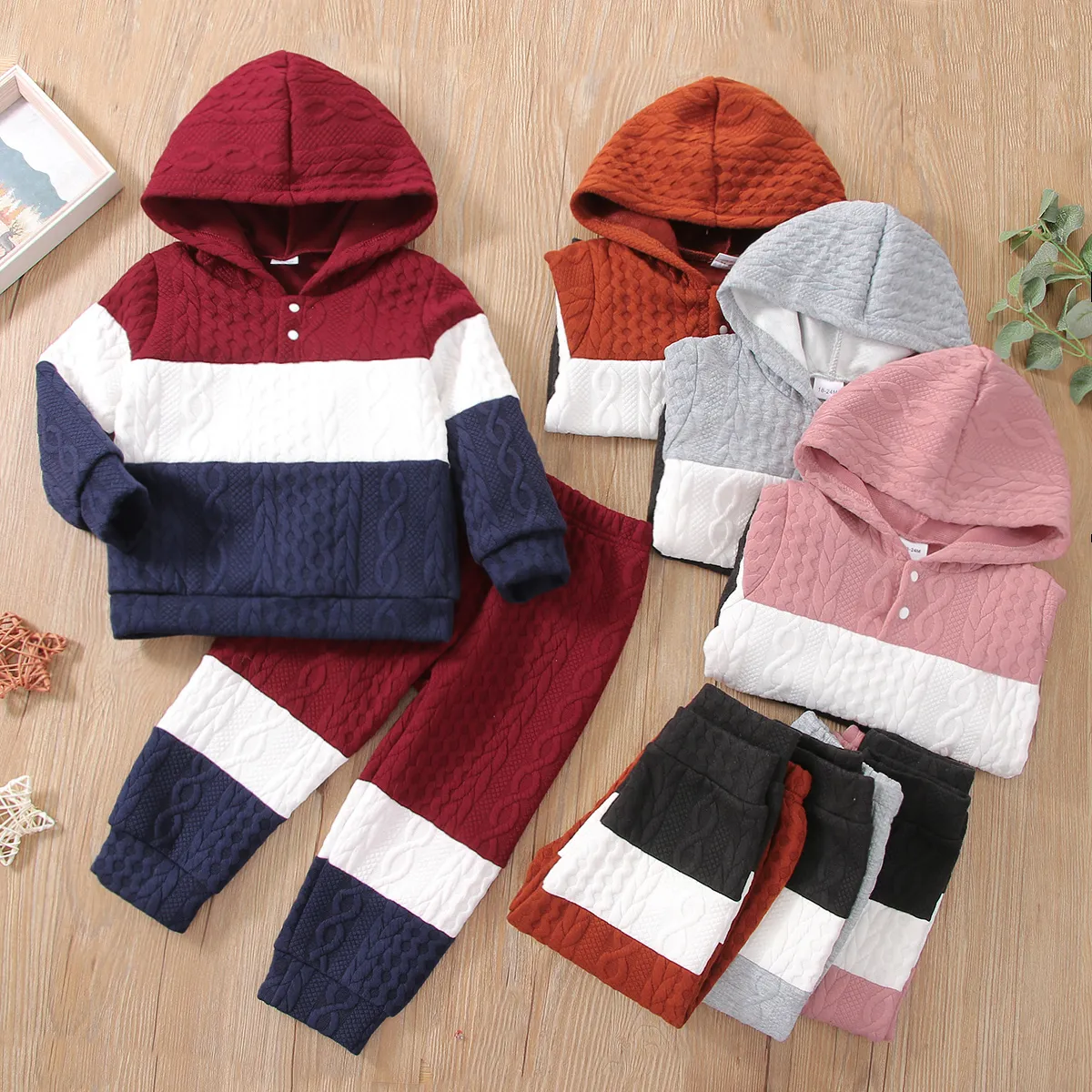 2-piece Toddler Girl/Boy Colorblock Hoodie Sweatshirt and Pants Set Brown big image 1