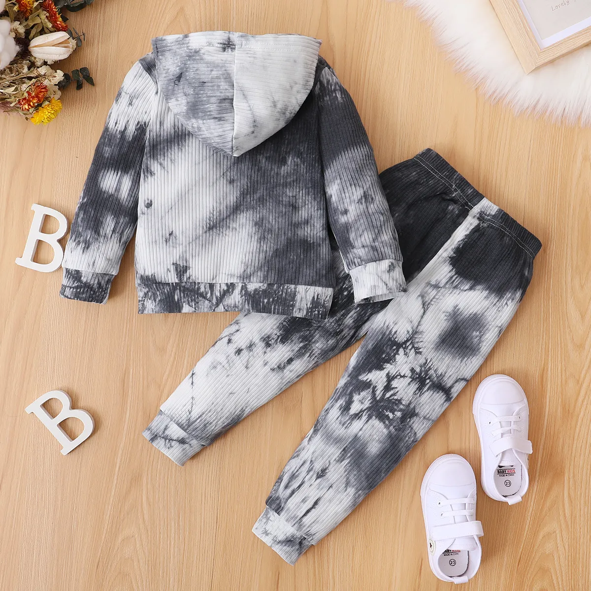 2-piece Toddler Girl/Boy Tie Dye Hoodie Sweatshirt and Pants Set Black big image 1
