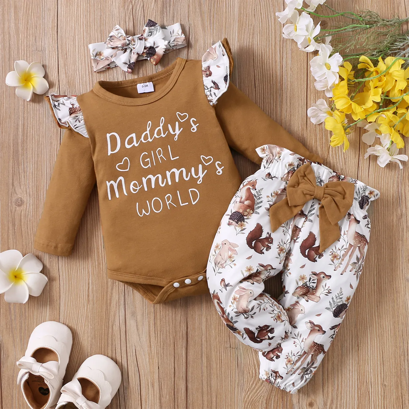 3pcs Baby Girl 95% Cotton Long-sleeve Letter Print Romper and Floral Trousers with Headband Set Brown big image 1