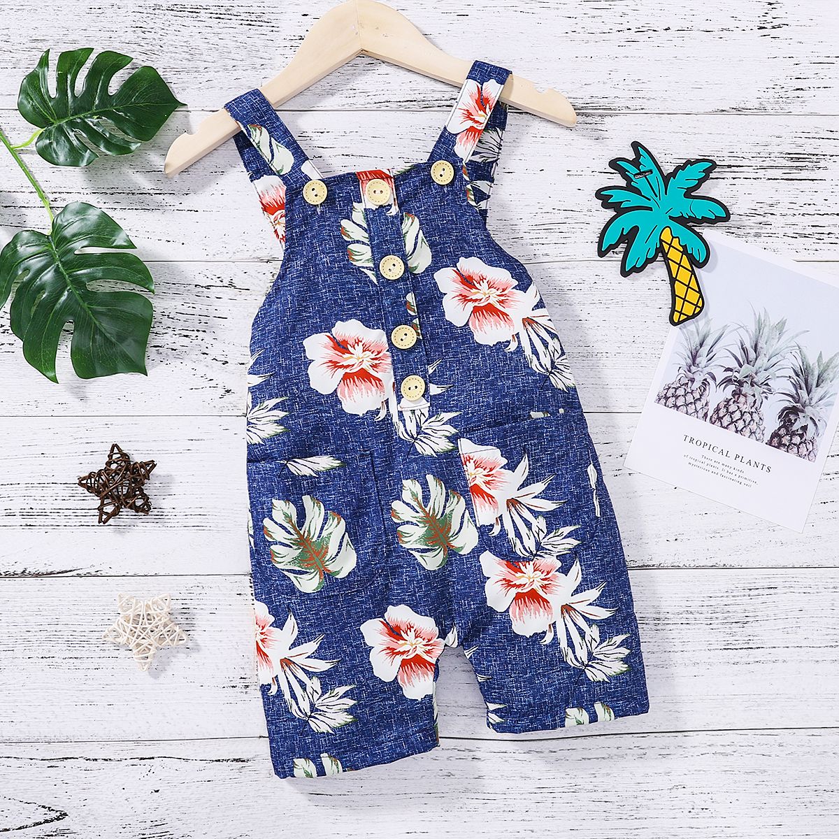

Baby Boy/Girl Floral Print Blue Button Up Overalls Shorts