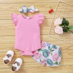 3pcs Baby Girl 95% Cotton Layered Ruffle Sleeve Romper with Floral Print Bloomers Shorts and Headband Set Pink
