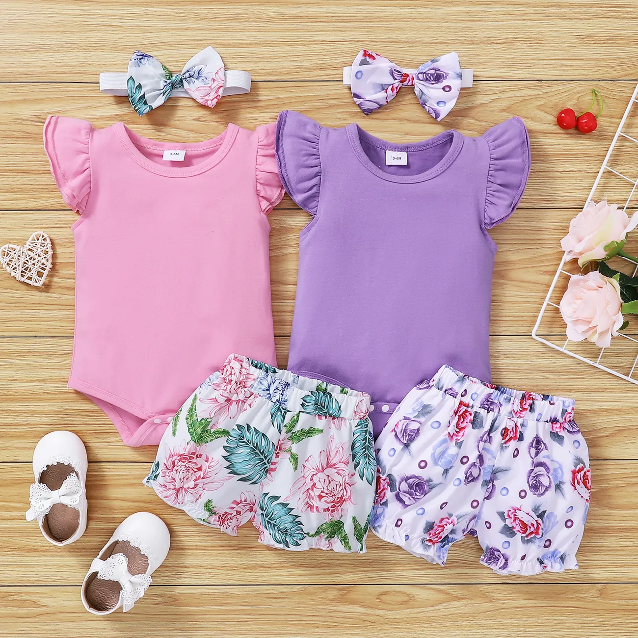 3pcs Baby Girl 95% Cotton Layered Ruffle Sleeve Romper with Floral Print Bloomers Shorts and Headband Set Pink big image 1
