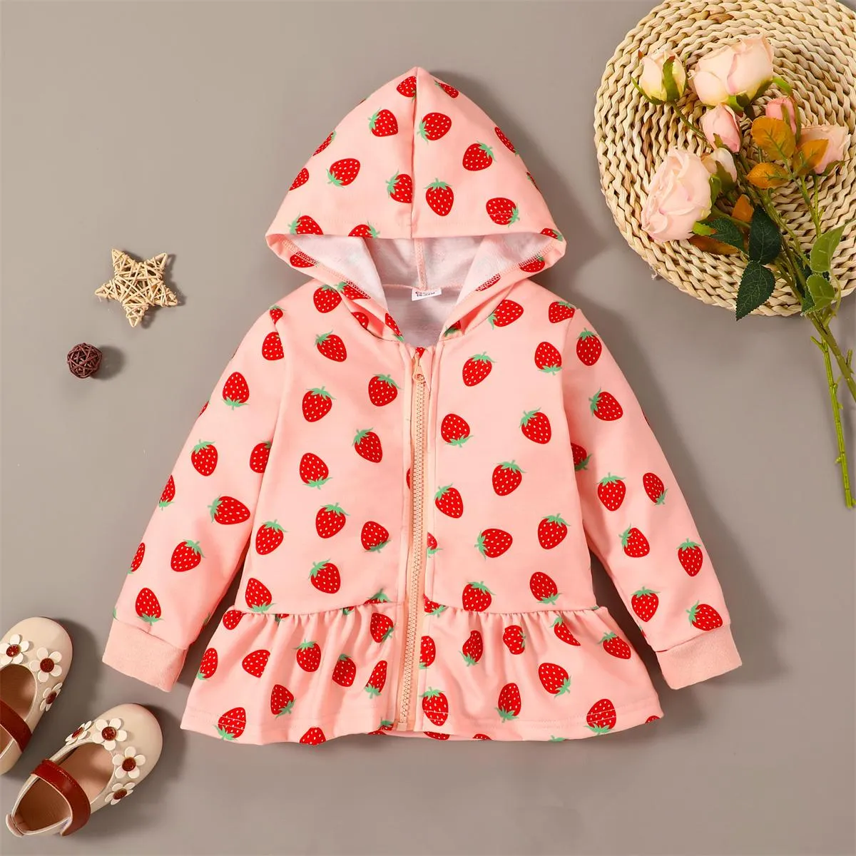 

Toddler Girl Fruit Strawberry Print Ruffle Hem Pink Hooded Jacket